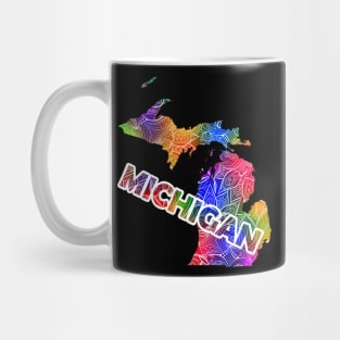 Colorful mandala art map of Michigan with text in multicolor pattern Mug